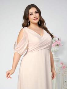 SHEIN Belle Ladies Elegant Khaki Chiffon Deep V-Neck Bridesmaid Dress In Plus Size, Features Cross-Front Draping, Pleating, Cold-Shoulder Lantern Sleeves And A-Line Dress For Wedding And Other Formal Occasions
