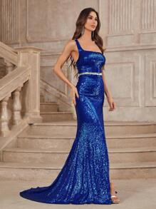 SHEIN Belle Elegante vestido de noche de lujo para mujer con escote asimétrico, espalda descubierta, decoración de lentejuelas y dobladillo de sirena con corte ajustado en color azul eléctrico, apropiado para eventos formales como graduación, fiesta de cena, boda y baile de gala - Azul - Ver 7