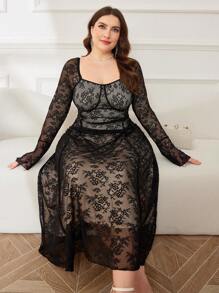 Modelyn Plus Size Women Sweetheart Neckline Long Sleeve Lace Long Elegant Dress For Spring And Summer - Black - View 8