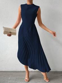 Chiquease Kvinnor sommar enfärgad ärmlös lång elegant plisserad klänning - Marinblå - Visa 5