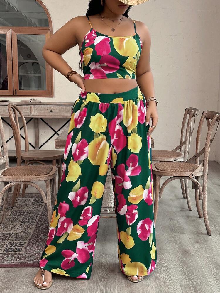 Plus Size Women Floral Printed Tank Top And Long Pants Two Pieces Set For Vacation