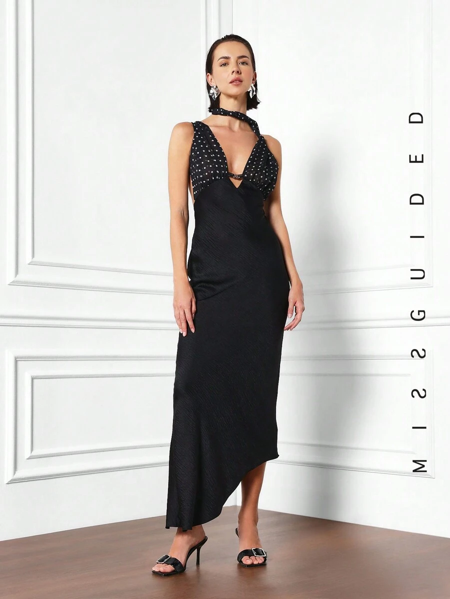 MISSGUIDED Polka Dot Asymmetric Dress - Black - View 1