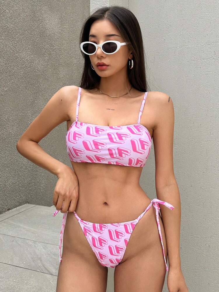 2pcs Pink Letter Print Bikini Set With Side Tie Bottom For Summer Beach Vacation,Tankini Bathing Suit