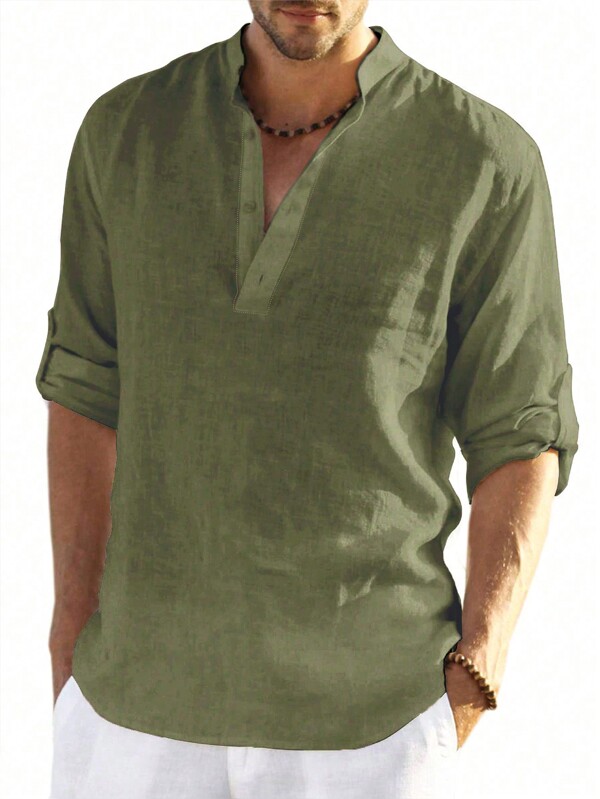 Camisa casual de manga larga de unicolor minimalista para hombres