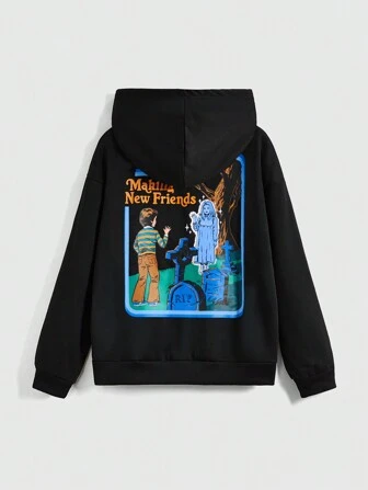 Stevenrhodes Fashionable Street Style Ghost Printed Hooded Long Sleeve Zippered Sweatshirt