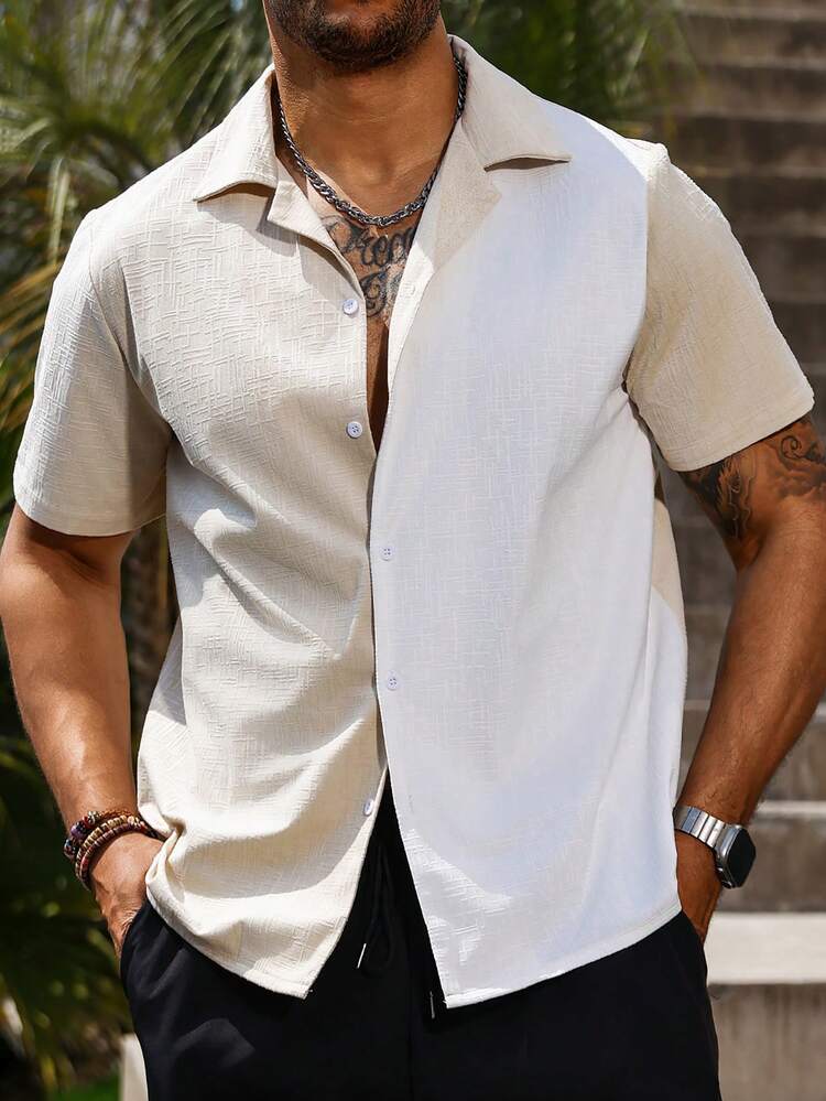 Men's Plus Size Color Block Texture Button-Down Short Sleeve Summer Holiday Casual Shirt