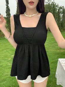 Dazy Designer Áo ba lỗ vải không tay màu trơn cho nữ - màu đen - Xem 5
