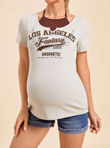 SHEIN Maternity Casual Short Sleeve Henley Neck Tight-Fitting T-Shirt With Regular-Fit Inner Vest And Neck Hanging Strap