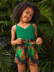 SHEIN SLAYR KIDS Young Girl Knitted Solid Color Sleeveless Top With Shoulder Cutouts And Woven Loose-Fit Floral Print Casual Vacation Shorts Set
