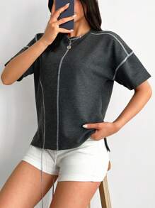 RueChic Tricou oversize cu broderie de culoare solidă pentru femei