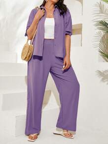 SHEIN Cottnline Plus Button Up Drop Shoulder Shirt & Wide Leg Pants - Purple - View 7