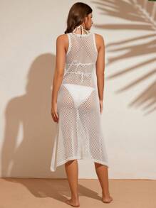 Vestido de verão feminino vazado sem mangas, vestido sexy transparente para férias na praia