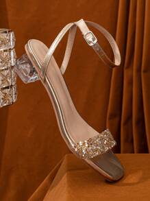 Women Fashionable And Comfortable Champagne High-Heeled Sandals With Transparent PC Crystal Heels, Glass Rhinestones And Unique Shape. Suitable For Parties And Other Formal Occasions. Valentines - Champagne - View 4