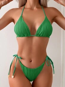 SHEIN Swim 女性夏季海灘實色假期風格頸掛比基尼上衣和系側比基尼下身套裝，特殊面料 - 綠色 - 查看 1