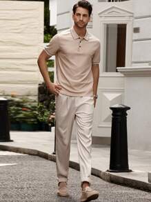 Manfinity Mode 男士夏季休闲工作撞色边饰短袖纽扣半襟领 Polo 衫，适合商务休闲 - 米色 - 查看 8