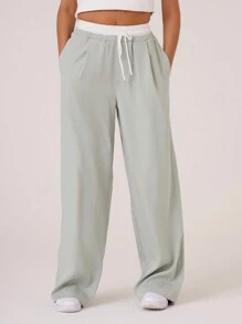 MUSERA Woven Contrast Waistband Tailored Trousers Summer Solid Color Loose Fit Pants Old Money Work Office Fall Autumn Winter Back To School Fall Autumn Winter - Green - View 3