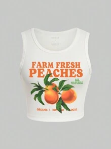 INAWLY Summer Casual Orange/Letter Printed Tank Top FARM FRESH PEACHES ORGANIC I NON 10 LOCAL - White - View 1