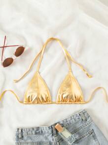 Swim SXY Summer Beach Women's Metal Texture Solid Color Sexy Halter Neck Bikini Top