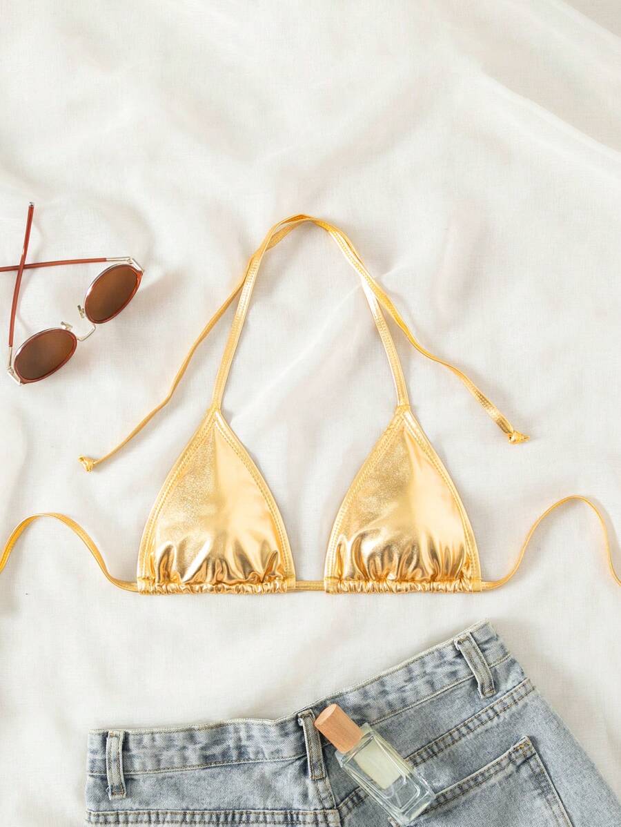 Swim SXY Summer Beach Women's Metal Texture Solid Color Sexy Halter Neck Bikini Top