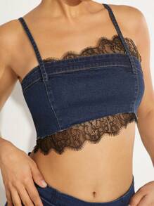 Denimoi 女士夏季性感色塊蕾絲拼接極短牛仔背心 - 深色水洗藍 - 查看 4