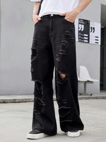 Manfinity EMRG Men Loose Straight-Leg Jeans With Holes And Pockets For Daily Casual Wear