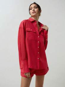 COSMINA 女士红色亚麻休闲宽松衬衫