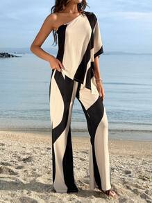 EURMUSE Color Block, One Shoulder, Batwing Sleeve Top & Flared Trousers - Multicolor - View 4