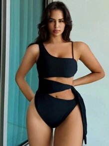 SHEIN Swim Traje De Baño De Una Pieza Con Escote Asimétrico Monocromático Para Mujer, Adecuado Para Verano, Playa, Piscina