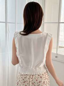 FRIFUL Versatile Simple Daily Cropped Cap Sleeve Shirt,Ruffle