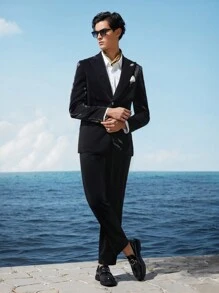 AKNOTIC Business Casual 2pcs Easy Care Stretch Black Summer Men's Knit Business Suit Set - Black - View 19