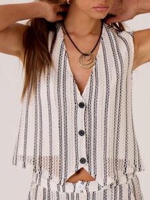 MUSERA Casual Textured Stripe Pattern Waistcoat Casual Summer Festival Spring Elegant Holiday - Black and White - View 1