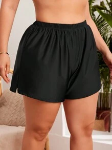 Plus Size Women Side Split Elastic Waist Beach Shorts With Four Corners,Summer Beach - Black - View 1