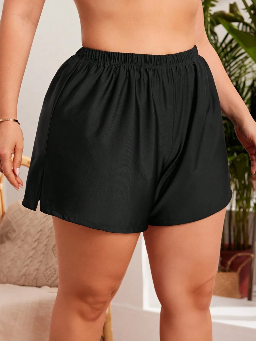 Plus Size Women Side Split Elastic Waist Beach Shorts With Four Corners,Summer Beach - Black - View 1