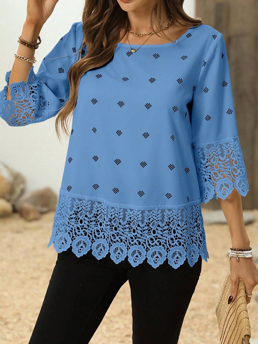 EMERY ROSE Áo sơ mi mùa hè tay áo chắp vá ren 3/4 - Màu xanh bụi bặm - Xem 1
