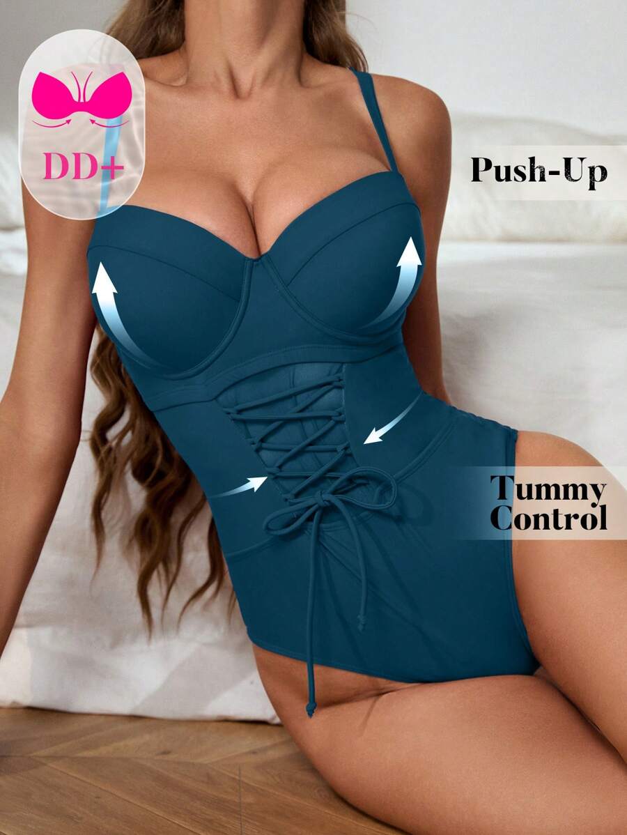 Swim DD+ Quý cô Màu thuần Áo tắm một mảnh Với Dây đeo Và Thép Nhẫn - Màu xanh ngọc - Xem 1