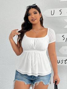 SHEIN EZwear 女士加大碼純色方領系帶短袖t恤 - 白色 - 查看 6