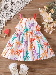 Baby Girl Lovely Colorful Fun Coconut Tree Printed Spaghetti Strap Dress For Summer Vacation - Multicolor - View 1