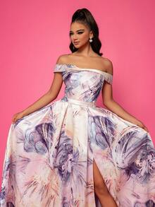 Smilprince Rochie de seară lungă în formă de A cu fante înaltă, din satin floral rafinat, rochie de acasă pentru femei, rochie de seară formală, rochie elegantă pentru invitați de nuntă, pentru absolvire, cină