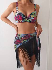 SHEIN Swim Floral Print Tassel Decoration Bikini Set (3 Pieces) For Beach/Pool Vacation Summer