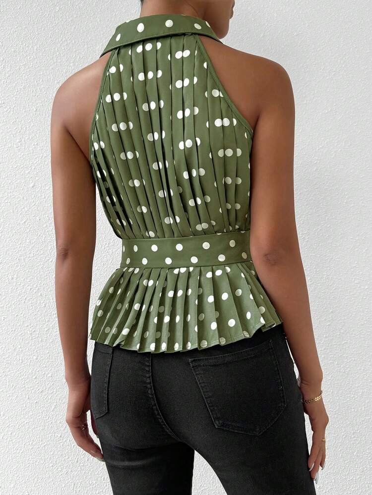 Women Summer Polka Dot Print Sleeveless Shirt With Elegant Turn-Down Collar, Button Placket And Pleats