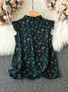 SHEIN LUNE 女士休闲衬衫，碎花印花，荷叶边装饰，适合夏季穿着 - 墨綠色 - 查看 2