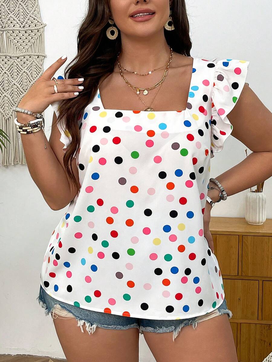 SHEIN VCAY Plus Size Chấm bi Cổ vuông Ruffle Hem Kỳ nghỉ Giải trí Áo - Nhiều màu - Xem 1