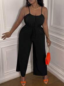 Slaydiva Plus Size Thường ngày & Kỳ nghỉ Giải trí Bộ áo liền quần dây rút không tay màu trơn cho nữ - I - màu đen - Xem 3