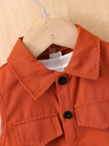 Baby Boy Summer Solid Color Vest With Fake Pocket, Round Neck Short Sleeve T-Shirt And Shorts Casual Outfits - Brown - View 3