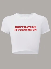 SHEIN Unity 修身短袖 T 恤，带标语印花，别恨我，这让我很兴奋 - 白色 - 查看 3