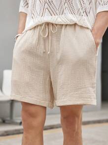 Manfinity RelaxMax 男士夏季休閑純色紋理寬腿短褲 - 杏色 - 查看 3