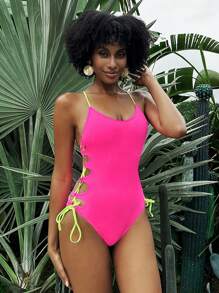 SHEIN Swim Women Color Block One-Piece Swimsuit With Side Ties, Perfect For Beach And Holiday Summer