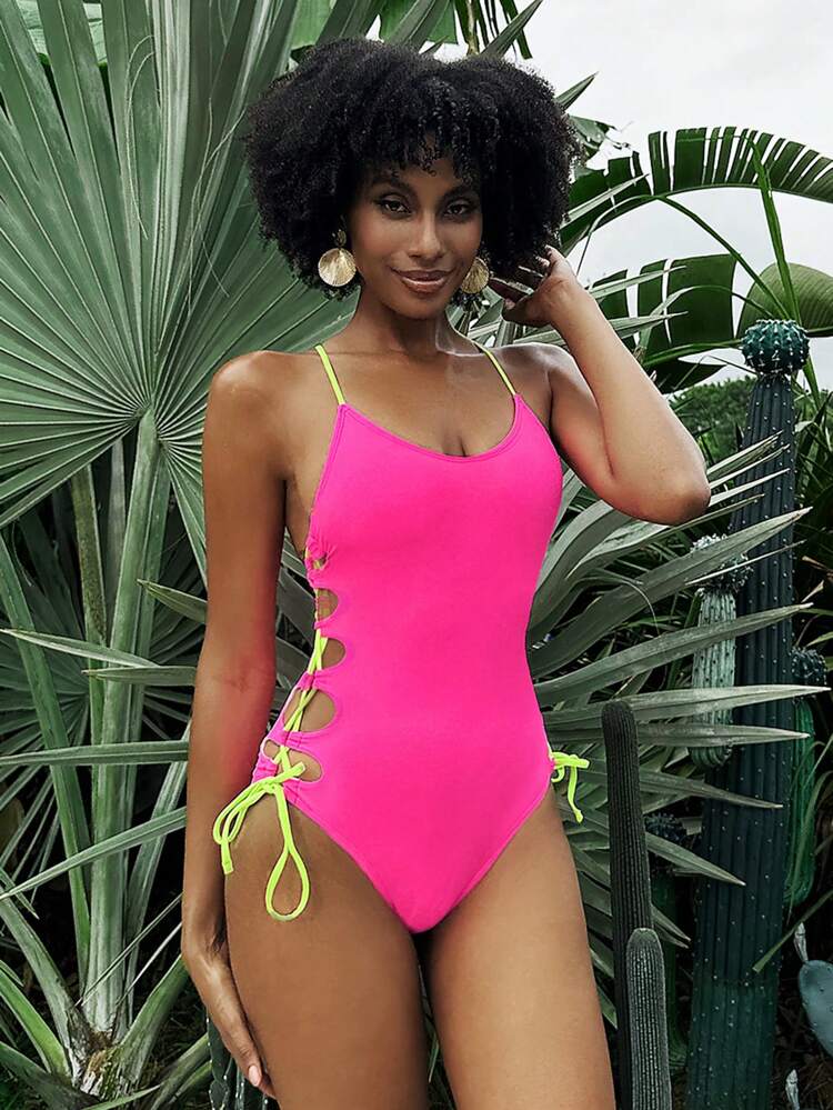 Women Color Block One-Piece Swimsuit With Side Ties, Perfect For Beach And Holiday Summer