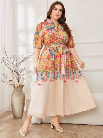 Modelyn Robe longue à imprimé floral avec blocs de couleur et ceinture pour femmes grandes tailles. Pour l'été.