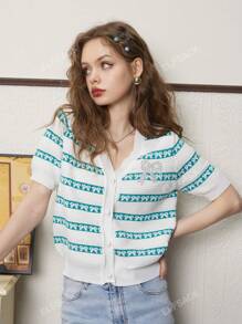 Fairy Pocket Striped V-Neck Short-Sleeved Knitted Cardigan For Women, 2023 Summer New Arrival, Petite And Slim-Fit